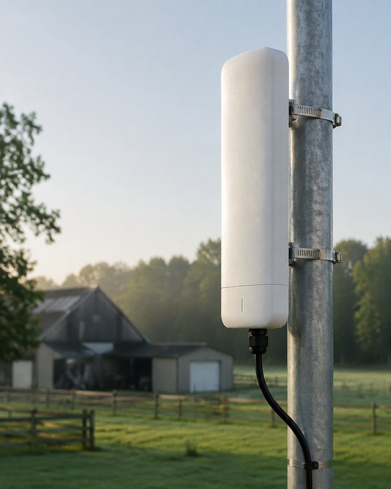Outdoor access point mounted on a pole beside a barn and pasture.