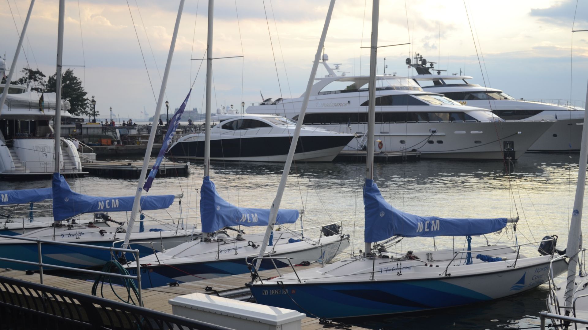 Docks, slips, and boats at a marina.